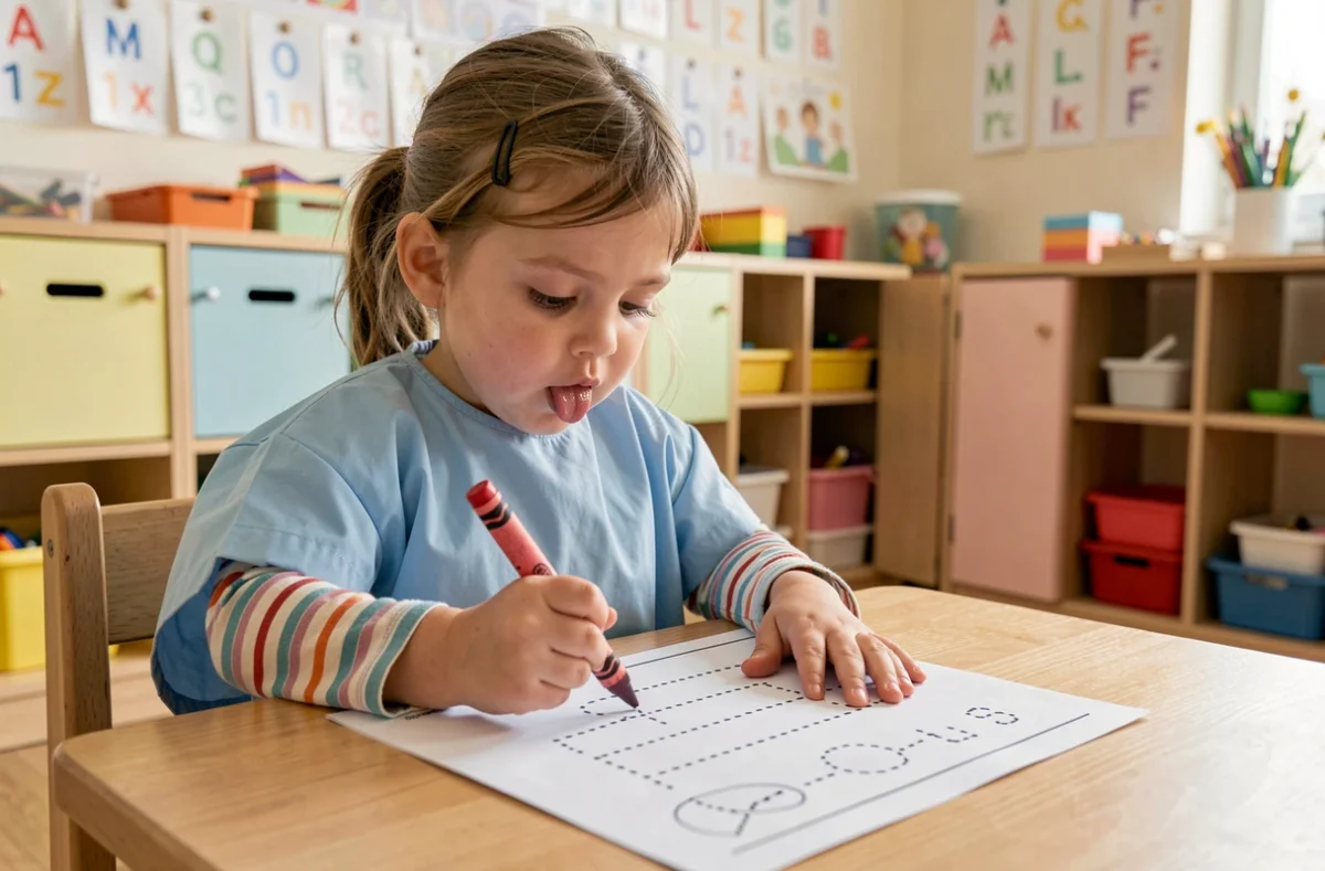 Petite fille en moyenne section traçant des lignes sur une fiche d'exercice autonome en classe maternelle