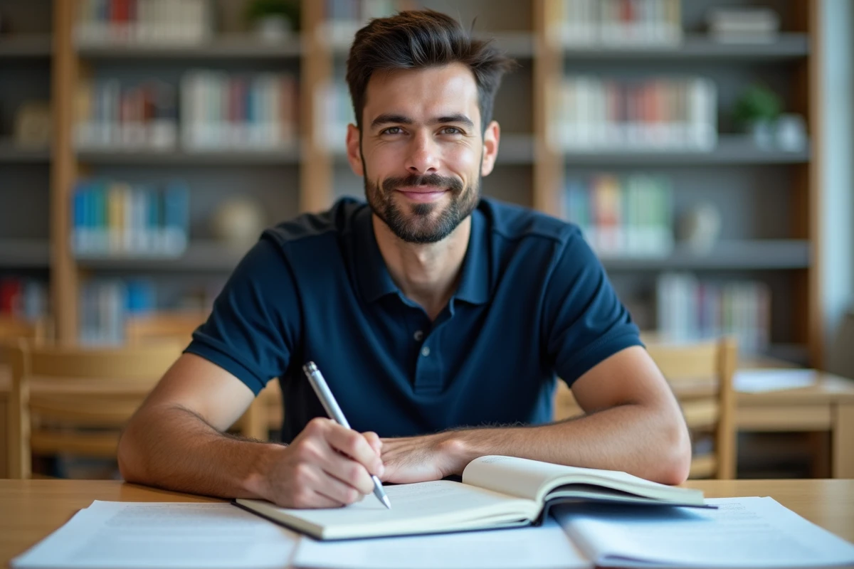 Homme étudiant des exercices imprimés et prenant des notes dans une bibliothèque moderne
