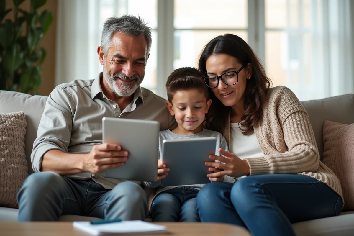Famille réunie sur le canapé pour découvrir ensemble l'ENT collège sur une tablette numérique