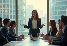 Femme d'affaires confiante présente à un groupe de cadres