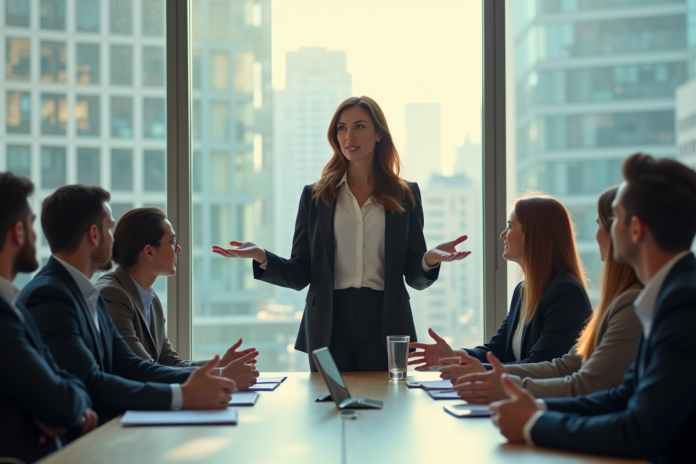 Femme d'affaires confiante présente à un groupe de cadres