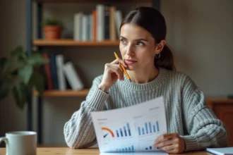 Femme analysant les résultats d'un test de QI imprimé sur papier à son bureau à domicile