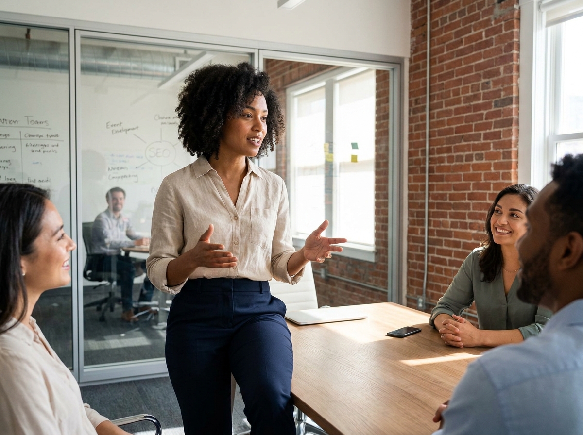 Femme en réunion avec équipe dans un espace de Lille