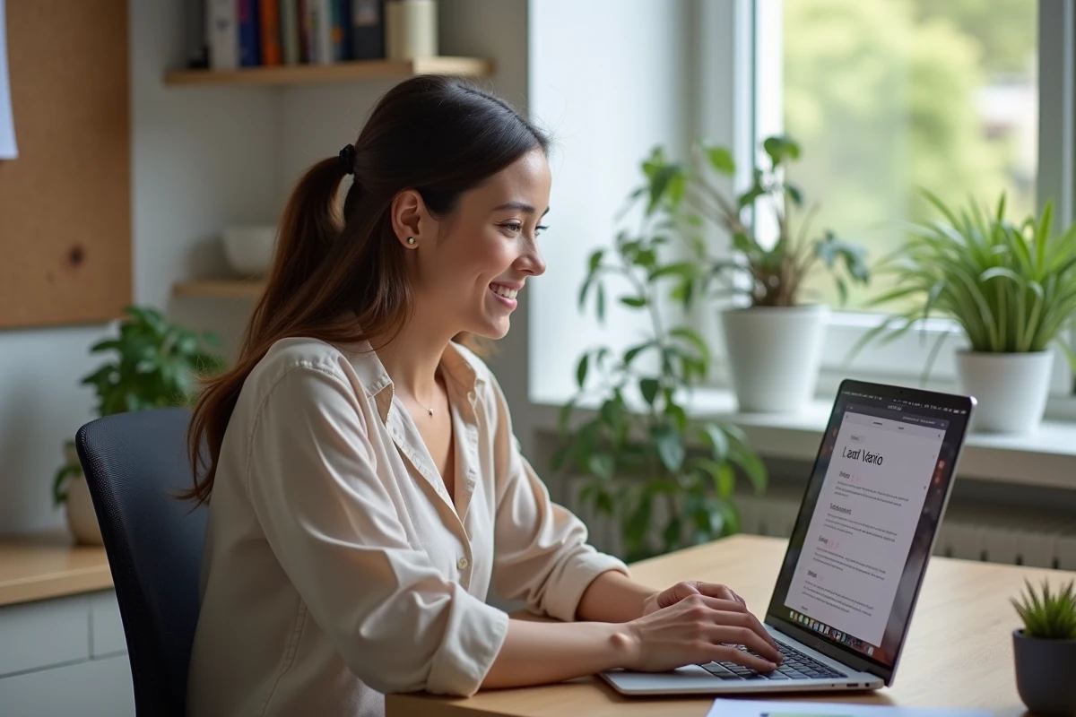 Femme au bureau regardant son ordinateur avec l'application Pia