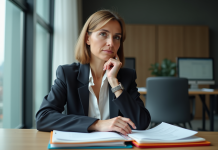 Influence prise de décision : facteurs clés et impact décisif sur les choix Femme d affaires en bureau moderne avec dossiers