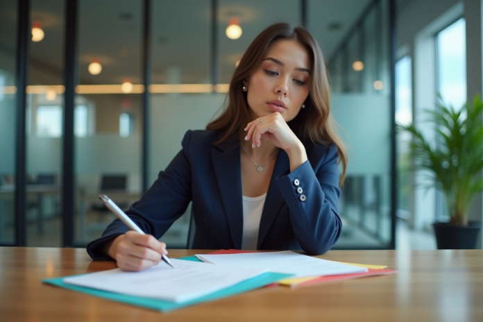 femme-bureau-documents Femme en blazer regardant des dossiers colorés au bureau