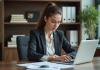 Femme en bureau professionnel regardant des documents sur son ordinateur