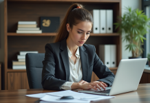 Équivalent titre professionnel : comment le trouver facilement ? Femme en bureau professionnel regardant des documents sur son ordinateur