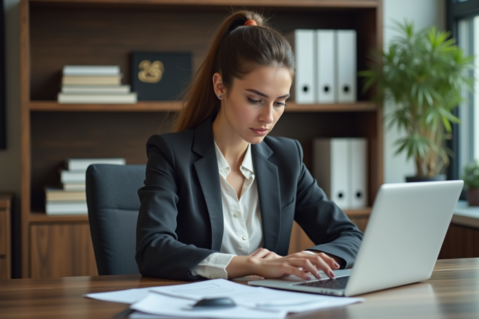 femme-bureau-documents-laptop Femme en bureau professionnel regardant des documents sur son ordinateur