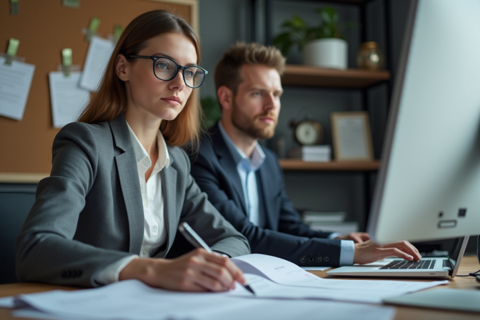 Femme en bureau professionnel travaillant sur la gestion de paies