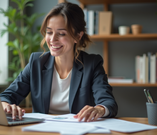 Femme d'affaires dans un bureau moderne en pleine réflexion
