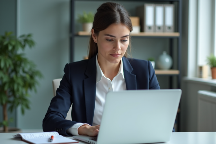 Femme au bureau regardant un site web sur son ordinateur