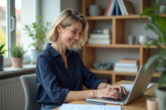 Femme souriante travaillant sur son ordinateur dans un bureau lumineux