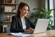 Avis positif : comment rédiger un exemple convaincant ? Femme souriante travaillant sur son ordinateur dans un bureau calme