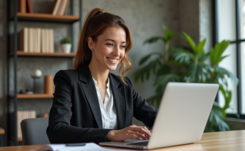 Avis positif : comment rédiger un exemple convaincant ? Femme souriante travaillant sur son ordinateur dans un bureau calme