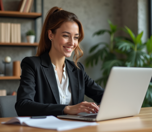 Avis positif : comment rédiger un exemple convaincant ? Femme souriante travaillant sur son ordinateur dans un bureau calme