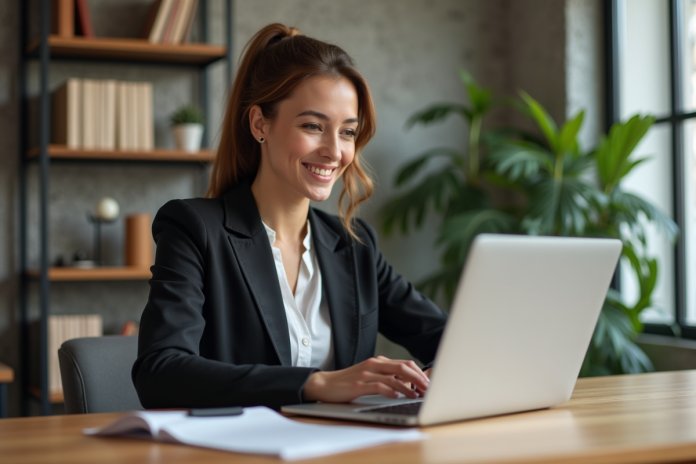Femme souriante travaillant sur son ordinateur dans un bureau calme