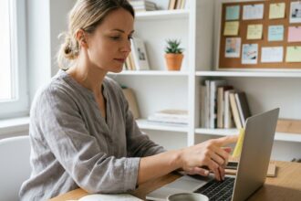 Femme au bureau collant un post-it sur son écran d'ordinateur portable dans un espace de travail organisé à domicile