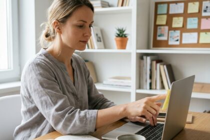 Femme au bureau collant un post-it sur son écran d'ordinateur portable dans un espace de travail organisé à domicile
