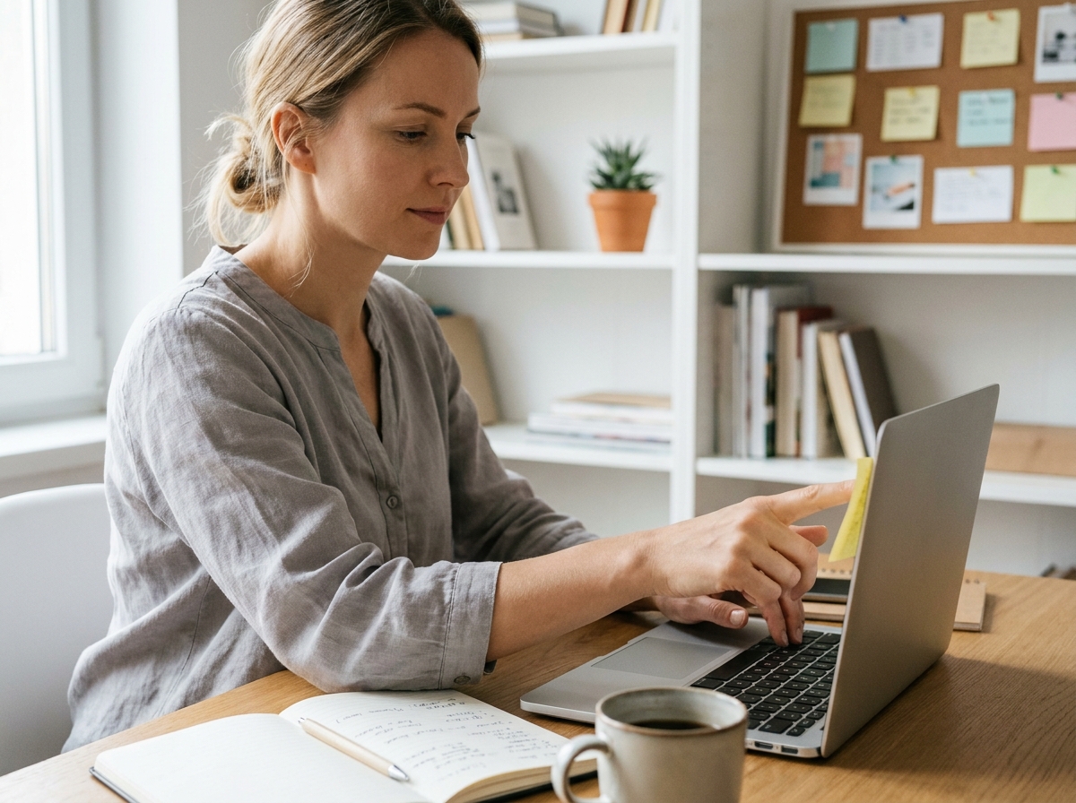 Femme au bureau collant un post-it sur son écran d'ordinateur portable dans un espace de travail organisé à domicile