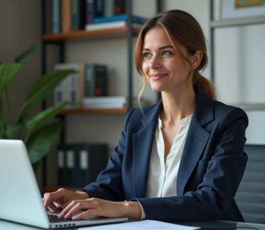 Femme professionnelle au bureau avec ordinateur et livres