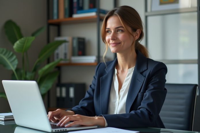 femme-bureau-professionnelle Femme professionnelle au bureau avec ordinateur et livres