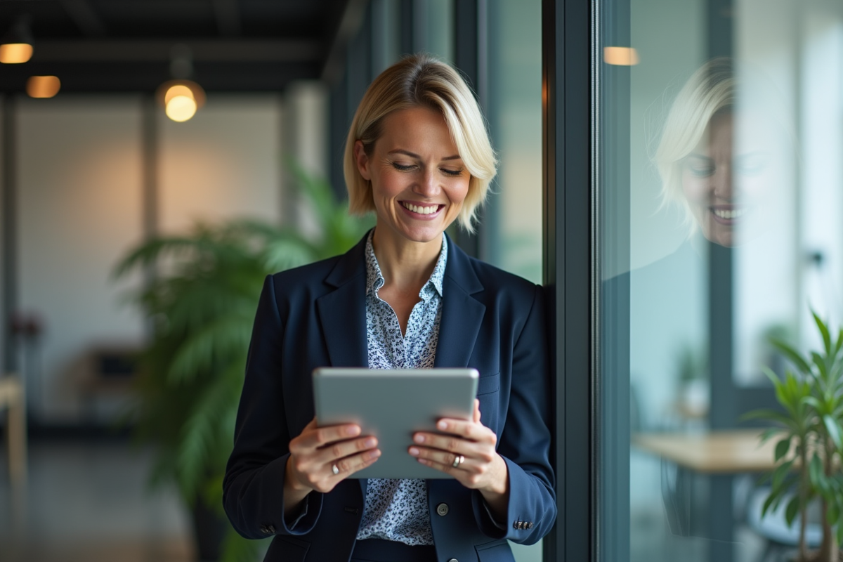 Femme confiante utilisant une tablette dans un bureau moderne
