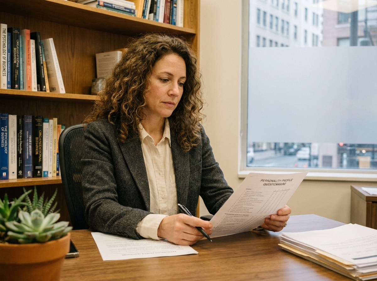Femme cadre examinant un questionnaire de profil de personnalité à son bureau dans un environnement professionnel