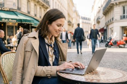 Jeune femme travaillant dans un café parisien ensoleille