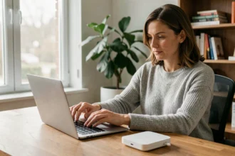 Femme configurant l'accès internet depuis son domicile pour utiliser l'ENT Auvergne