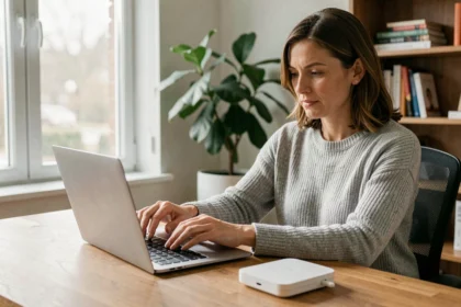 Femme configurant l'accès internet depuis son domicile pour utiliser l'ENT Auvergne