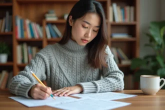 Jeune femme annotant un test blanc TOEIC à son bureau avec des feuilles d'exercices et un crayon
