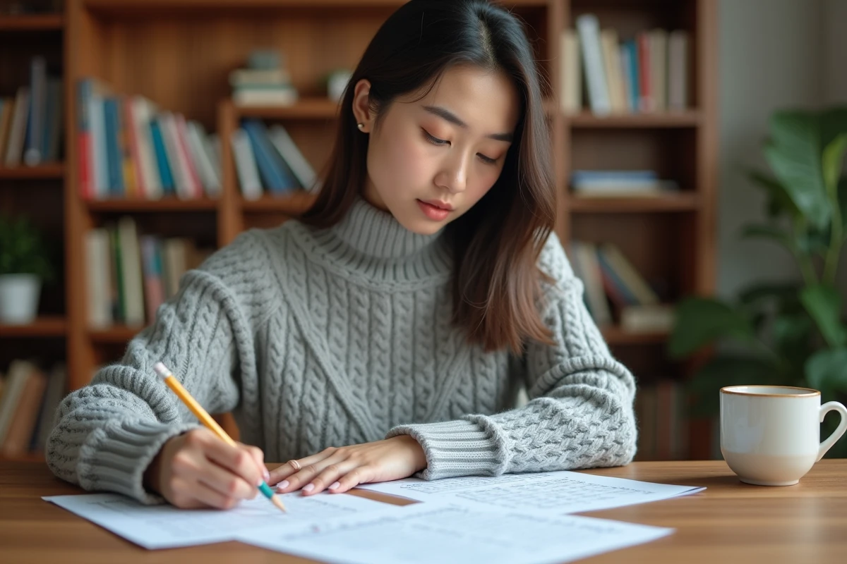 Jeune femme annotant un test blanc TOEIC à son bureau avec des feuilles d'exercices et un crayon