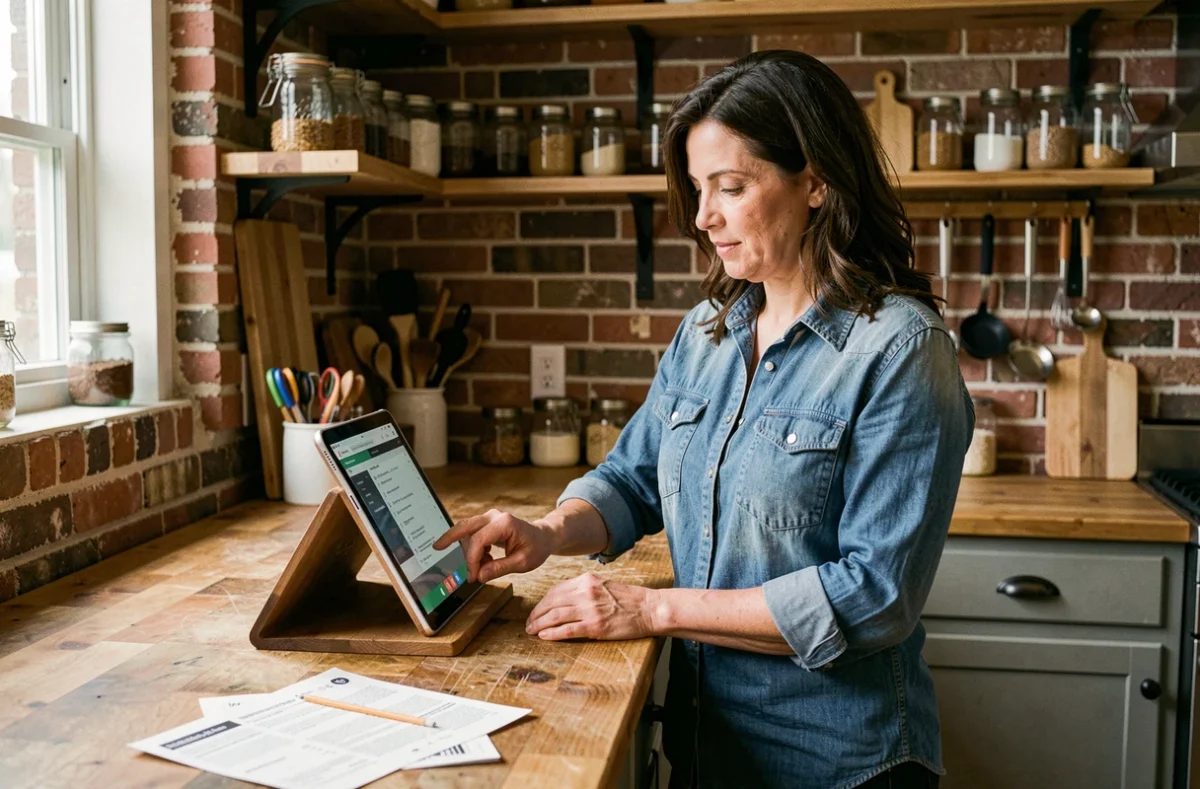 Femme consultant une plateforme de cours de bricolage sur tablette dans une cuisine en rénovation
