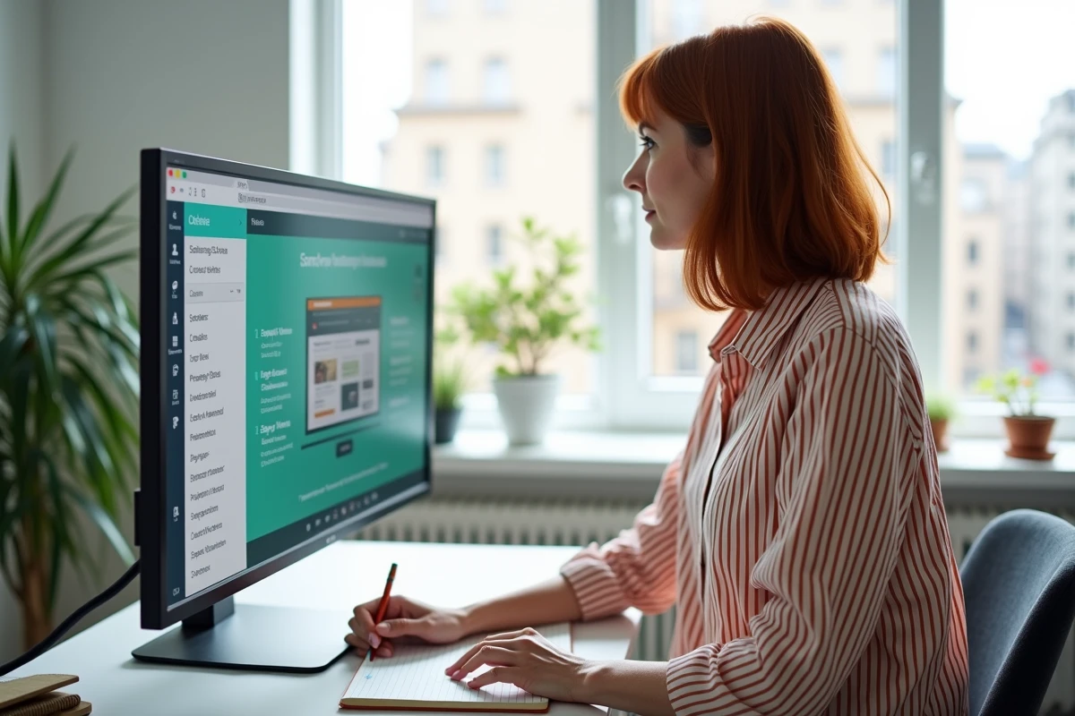 Femme suivant une formation Canva gratuite en ligne sur grand écran dans un appartement moderne