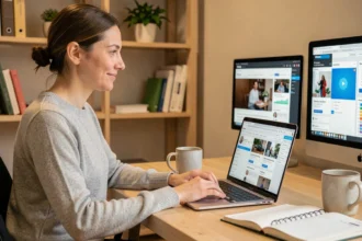 Femme utilisant un tableau de bord d'email marketing pour intégrer des webinaires depuis son bureau à domicile