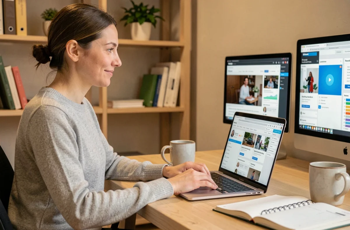 Femme utilisant un tableau de bord d'email marketing pour intégrer des webinaires depuis son bureau à domicile