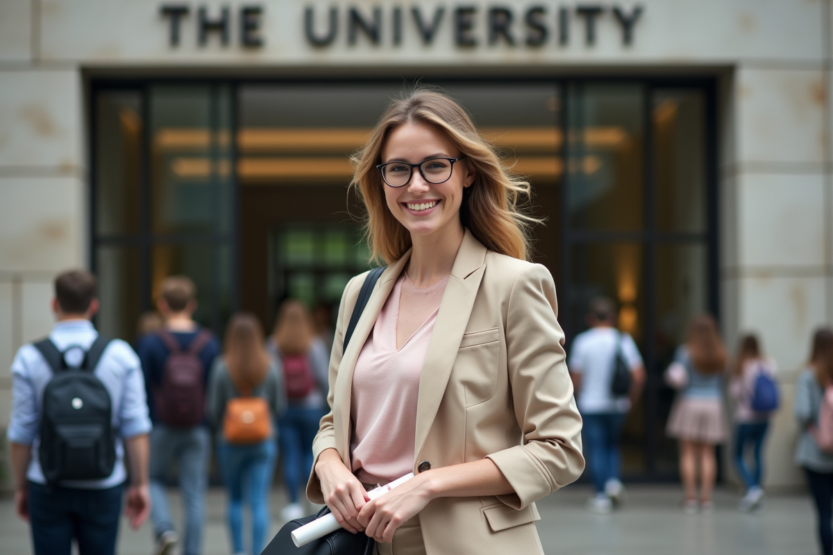 Femme souriante avec diplôme devant université
