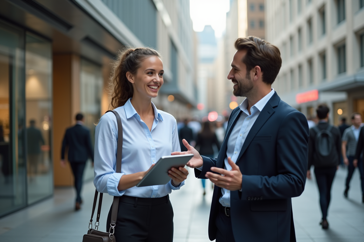 Jeune femme discutant avec un collègue devant un bâtiment moderne
