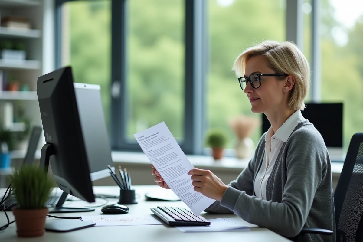 Femme professeur configurant son email dans un environnement universitaire moderne
