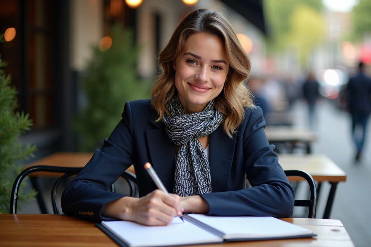 Jeune femme entrepreneure souriante sketchant au café urbain