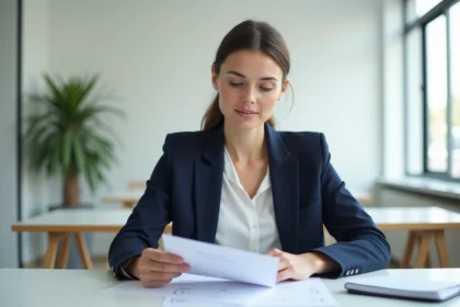 Femme préparant ses documents avant un entretien Pôle Emploi Solerys dans un bureau moderne