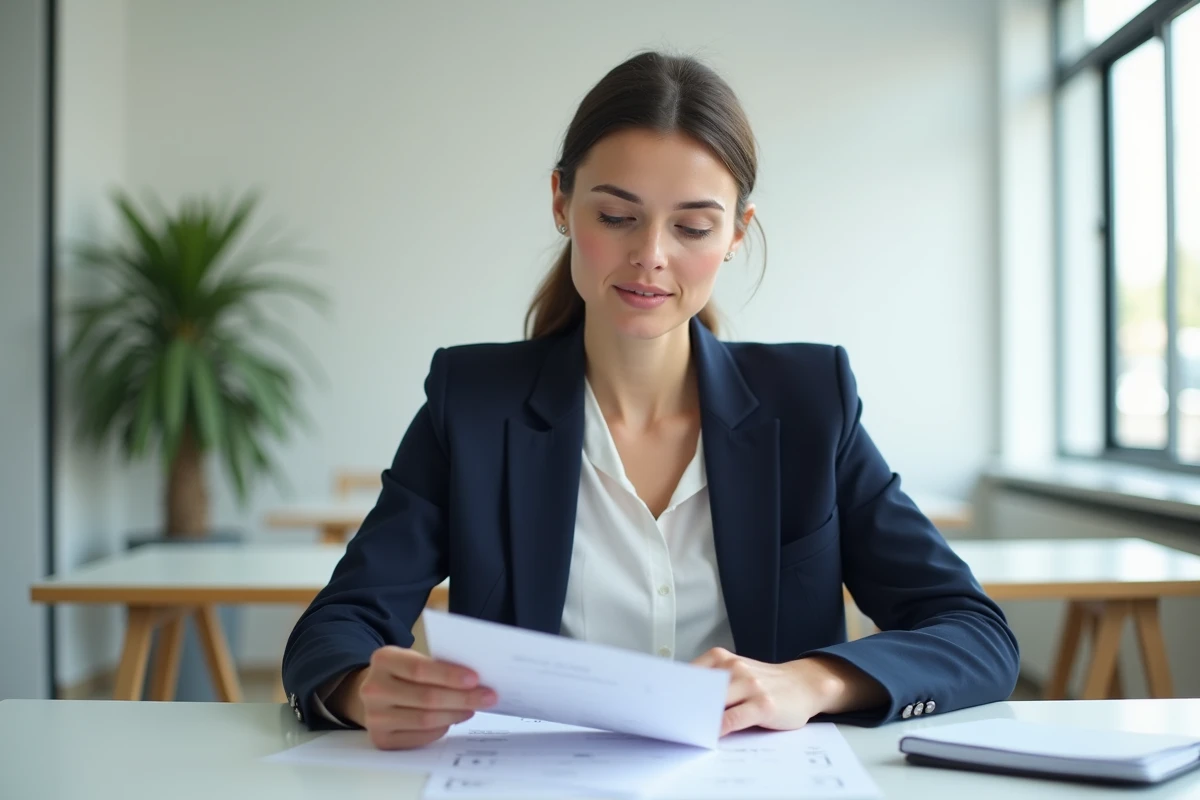 Femme préparant ses documents avant un entretien Pôle Emploi Solerys dans un bureau moderne