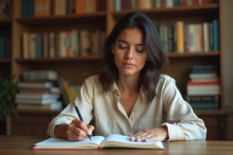 Jeune femme hispanique étudiant la conjugaison du verbe SER en espagnol dans un carnet ouvert sur un bureau en bois