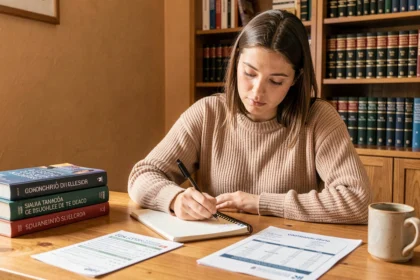 Jeune femme prenant des notes sur la grammaire espagnole dans un appartement cosy entouré de livres de langue