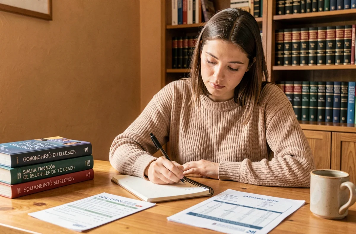 Jeune femme prenant des notes sur la grammaire espagnole dans un appartement cosy entouré de livres de langue