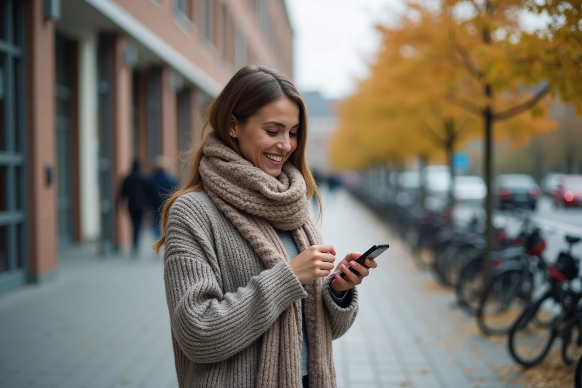 Femme étudiante dehors regardant son smartphone dans la cour