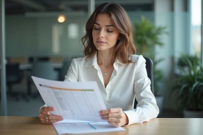 Femme concentrée examinant un tableau d evaluation au bureau
