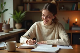 Femme écrivant dans un journal intime avec un stylo plume à son bureau en bois, illustrant la pratique quotidienne des exercices d'écriture