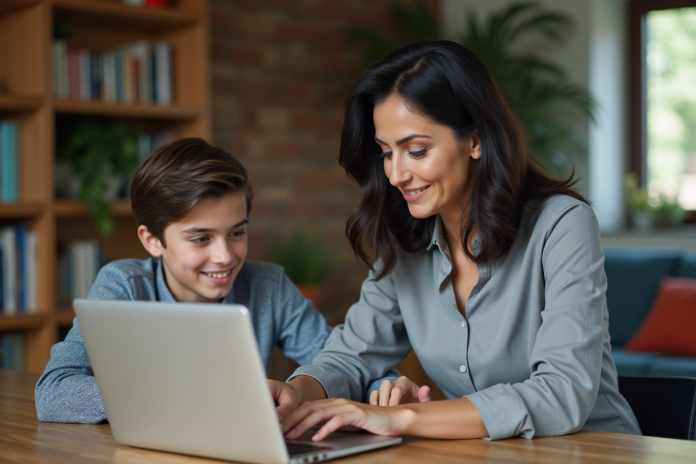 femme-explique-laptop-famille Femme explique quelque chose à un adolescent dans un salon chaleureux